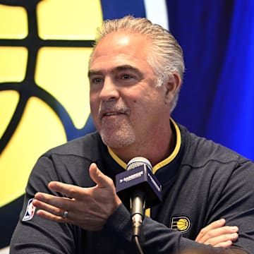 Jan 30, 2023; Indianapolis, IN, USA;  Indiana Pacers president of basketball operations Kevin Pritchard speaks during an Indiana Pacers press conference to announce the contract extension of center Miles Turner at Gainsbridge Fieldhouse.  Mandatory Credit: Marc Lebryk-Imagn Images