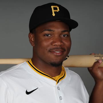 Feb 18, 2025; Bradenton, FL, USA; Pittsburgh Pirates infielder Termarr Johnson (81) poses for a photo during media day at Pirate City. Mandatory Credit: Kim Klement Neitzel-Imagn Images