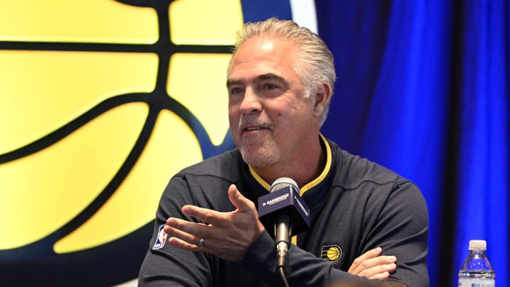 Jan 30, 2023; Indianapolis, IN, USA;  Indiana Pacers president of basketball operations Kevin Pritchard speaks during an Indiana Pacers press conference to announce the contract extension of center Miles Turner at Gainsbridge Fieldhouse.  Mandatory Credit: Marc Lebryk-USA TODAY Sports