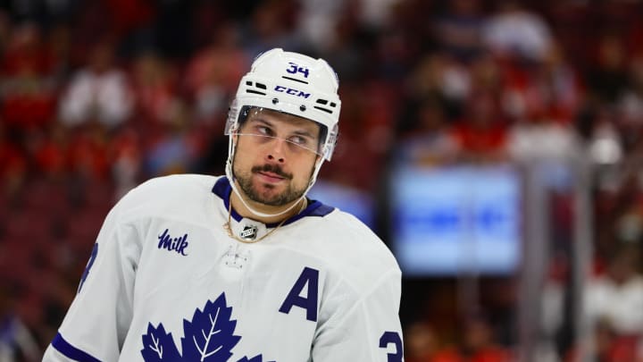 Apr 16, 2024; Sunrise, Florida, USA; Toronto Maple Leafs center Auston Matthews (34) looks on against the Florida Panthers during the third period at Amerant Bank Arena. Mandatory Credit: Sam Navarro-USA TODAY Sports