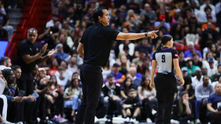 Apr 2, 2024; Miami, Florida, USA; Miami Heat head coach Erik Spoelstra reacts against the New York Knicks during the second quarter at Kaseya Center. Mandatory Credit: Sam Navarro-USA TODAY Sports