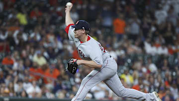Aug 23, 2023; Houston, Texas, USA; Boston Red Sox relief pitcher Josh Winckowski (25) delivers a