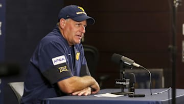 Aug 30, 2025; Morgantown, West Virginia, USA; West Virginia Mountaineers head coach Rich Rodriguez speaks to the media after defeating the Robert Morris Colonials at Milan Puskar Stadium. Mandatory Credit: Ben Queen-Imagn Images