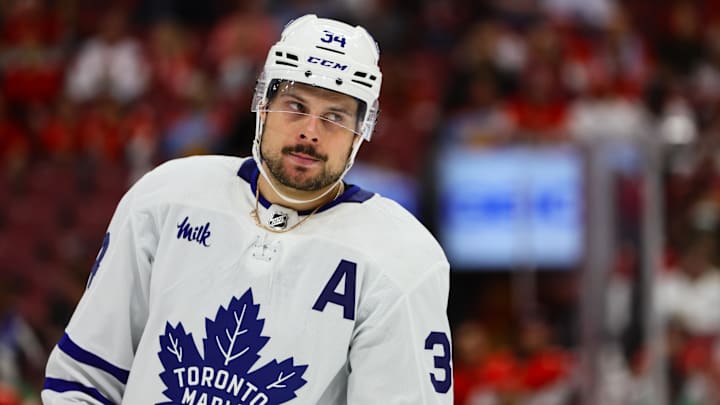 Apr 16, 2024; Sunrise, Florida, USA; Toronto Maple Leafs center Auston Matthews (34) looks on against the Florida Panthers during the third period at Amerant Bank Arena. Mandatory Credit: Sam Navarro-Imagn Images