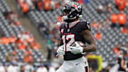 Nov 2, 2025; Houston, Texas, USA; Houston Texans wide receiver Nico Collins (12) warms up before a game against the Denver Broncos at NRG Stadium. 