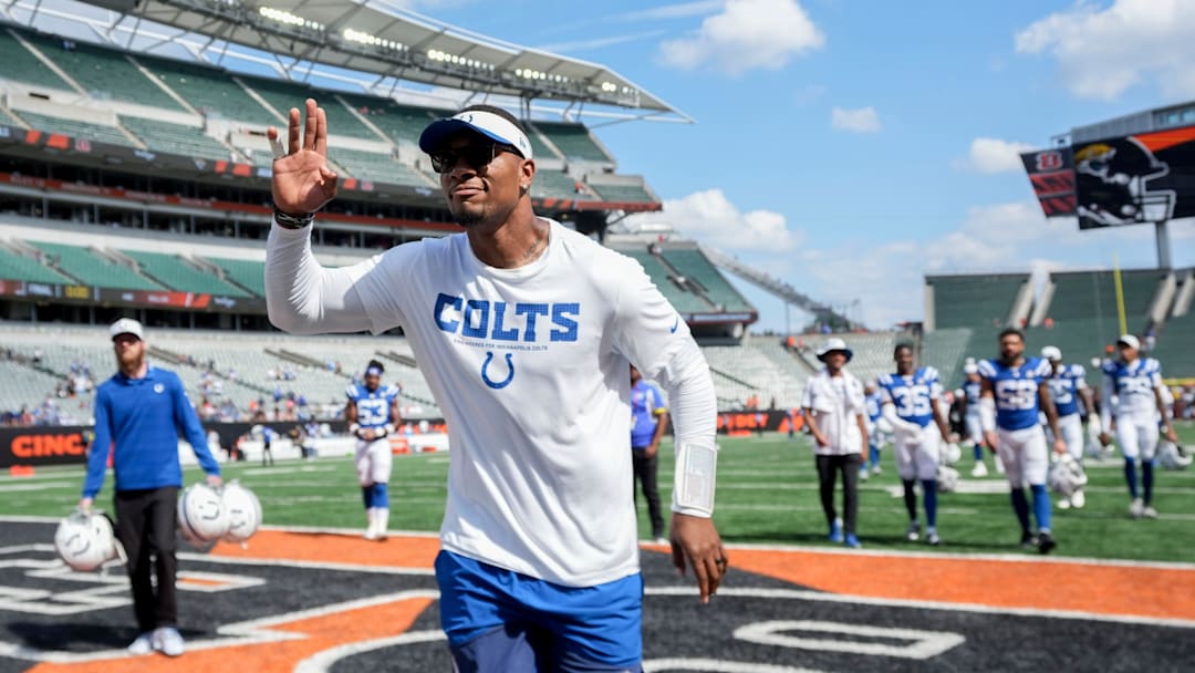 Indianapolis Colts quarterback Anthony Richardson Sr. (5) leaves the field Saturday, Aug. 23, 2025, after defeating the Cincinnati Bengals 41-14 at Paycor Stadium in Cincinnati.
