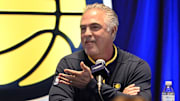 Jan 30, 2023; Indianapolis, IN, USA: Indiana Pacers president of basketball operations Kevin Pritchard speaks during an Indiana Pacers press conference to announce the contract extension of center Miles Turner at Gainsbridge Fieldhouse.  Mandatory Credit: Marc Lebryk-Imagn Images