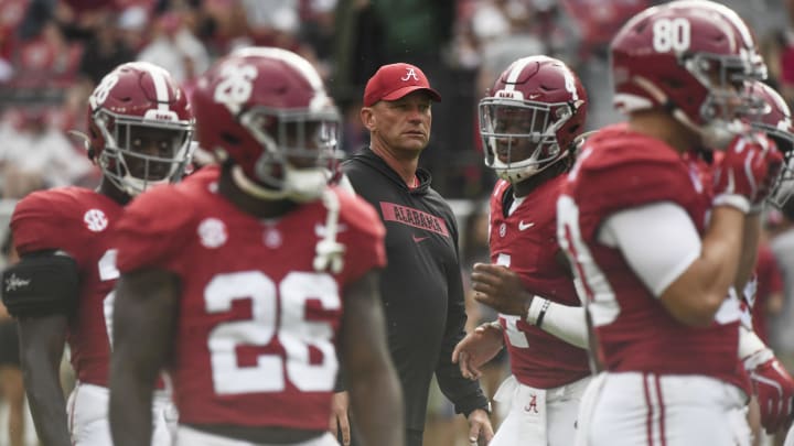 Aug 31, 2024; Tuscaloosa, Alabama, USA;  Alabama Crimson Tide head coach Kalen DeBoer watches his team warm up before a game against the Western Kentucky Hilltoppers at Bryant-Denny Stadium. The game will be the first with DeBoer as head coach of the Crimson Tide.