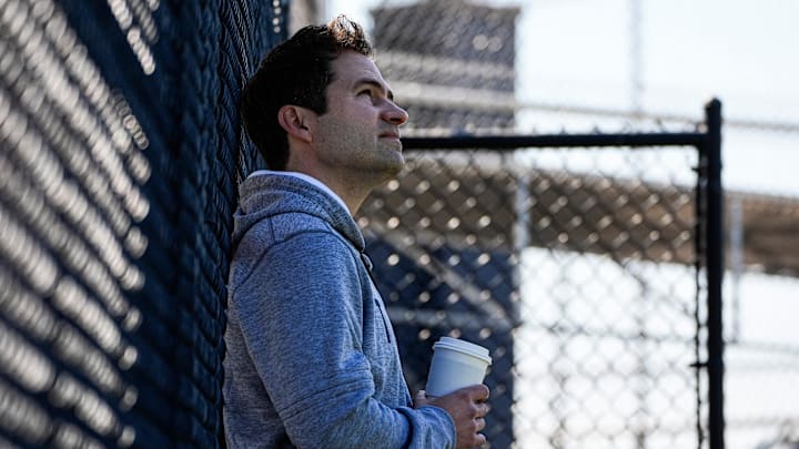 Detroit Tigers president of baseball operations Scott Harris watches practice during spring training at TigerTown in Lakeland, Fla. on Friday, Feb. 13, 2026.