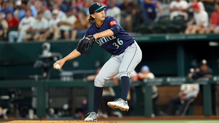 Seattle Mariners pitcher Logan Gilbert throws during a game against the Texas Rangers on June 27 at Globe Life Field. Seattle Mariners pitcher Logan Gilbert throws during a game against the Texas Rangers on June 27 at Globe Life Field.