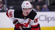 Oct 30, 2025; San Jose, California, USA; New Jersey Devils center Jack Hughes (86) waits for play to resume in the second period against the San Jose Sharks at SAP Center at San Jose. Mandatory Credit: David Gonzales-Imagn Images