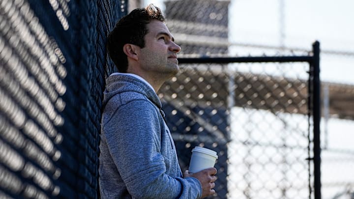 Detroit Tigers president of baseball operations Scott Harris watches practice during spring training at TigerTown in Lakeland, Fla. on Friday, Feb. 13, 2026.