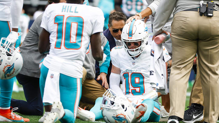 Miami Dolphins quarterback Skylar Thompson receives medical attention after suffering an injury against the Seattle Seahawks