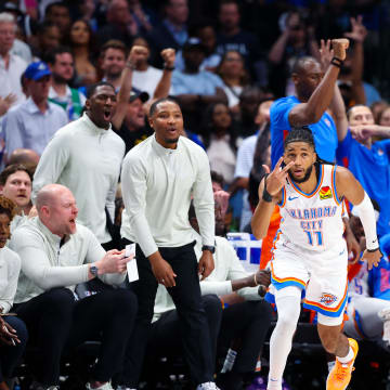 May 18, 2024; Dallas, Texas, USA;  Oklahoma City Thunder guard Isaiah Joe (11) reacts after scoring against the Dallas Mavericks