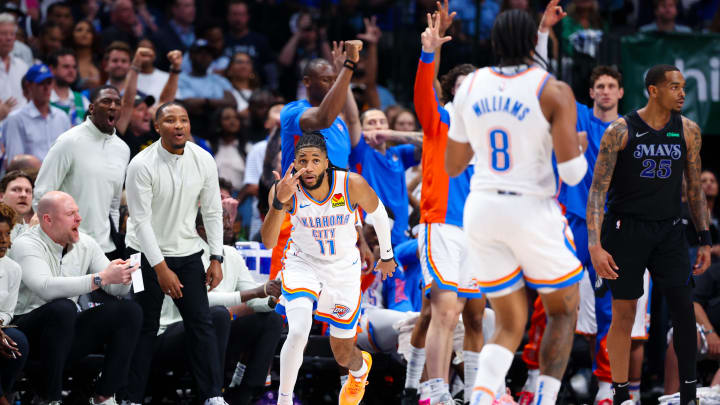 May 18, 2024; Dallas, Texas, USA;  Oklahoma City Thunder guard Isaiah Joe (11) reacts after scoring against the Dallas Mavericks