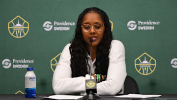 May 23, 2025; Seattle, Washington, USA; Seattle Storm head coach Noelle Quinn talks to the media after the game against the Phoenix Mercury at Climate Pledge Arena. Mandatory Credit: Steven Bisig-Imagn Images