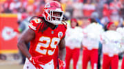 Jan 26, 2025; Kansas City, MO, USA; Kansas City Chiefs running back Kareem Hunt (29) against the Buffalo Bills in the AFC Championship game at GEHA Field at Arrowhead Stadium. Mandatory Credit: Mark J. Rebilas-Imagn Images
