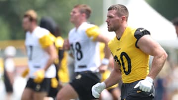 Pittsburgh Steelers defensive end T.J. Watt participates in NFL drills during training camp at Saint Vincent College