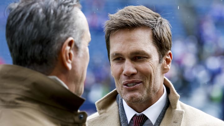 FOX commentator Tom Brady talks during pregame warmups before a game between the Seattle Seahawks and Buffalo Bills at Lumen Field. 