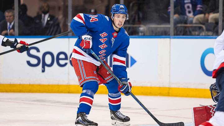 Apr 5, 2026; New York, New York, USA; New York Rangers right wing Gabe Perreault (94) awaits a pass against the Washington Capitals during the third period at Madison Square Garden. Mandatory Credit: Danny Wild-Imagn Images