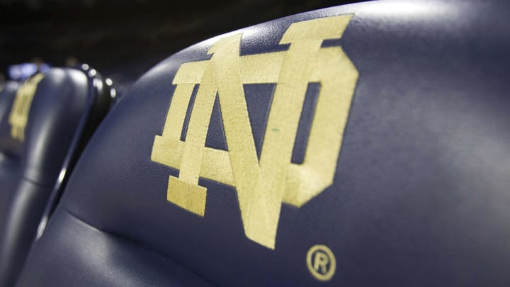 Mar 22, 2015; Notre Dame, IN, USA; The Notre Dame Fighting Irish logo on a chair before the game against the DePaul Blue Demons at Edmund P. Joyce Center. 