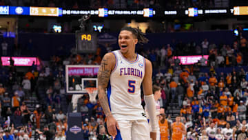 Mar 16, 2025; Nashville, TN, USA;  Florida Gators guard Will Richard (5) reacts to the Tennessee Volunteers bench during the second half at the 2025 SEC Championship Game at Bridgestone Arena. Mandatory Credit: Steve Roberts-Imagn Images