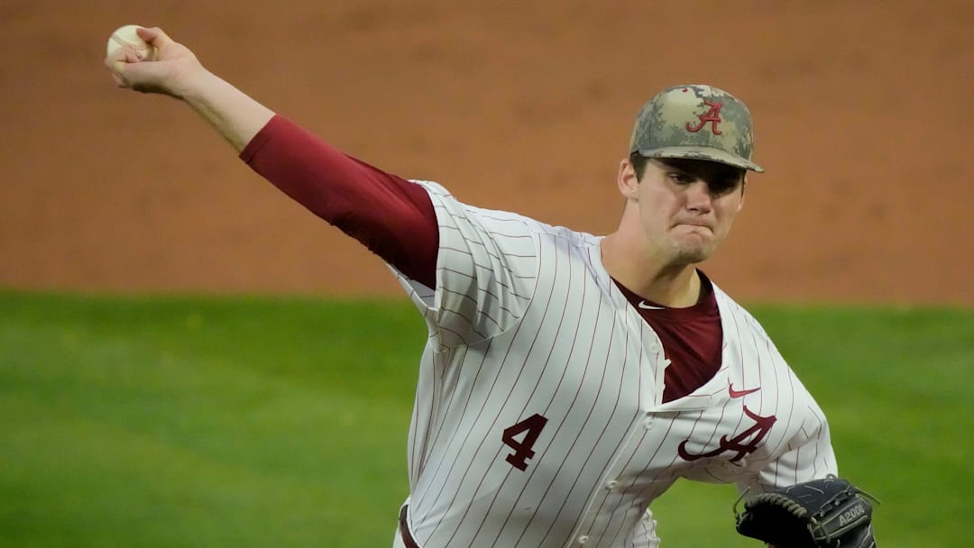 Apr 25, 2025; Tuscaloosa, AL, USA; Alabama pitcher Riley Quick makes a pitch during the game with Missouri at Sewell-Thomas Stadium Friday night. Apr 25, 2025; Tuscaloosa, AL, USA; Alabama pitcher Riley Quick makes a pitch during the game with Missouri at Sewell-Thomas Stadium Friday night.