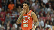 Jan 14, 2025; Bloomington, Indiana, USA; Illinois Fighting Illini guard Tre White (22) celebrates after a play during the first half against the Indiana Hoosiers at Simon Skjodt Assembly Hall. Mandatory Credit: Robert Goddin-Imagn Images