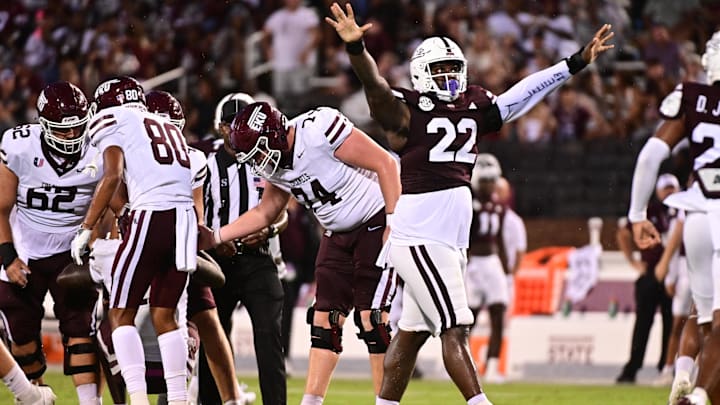 Aug 31, 2024; Starkville, Mississippi, USA; Mississippi State Bulldogs defensive lineman Kedrick Bingley-Jones (22) reacts after a play against the Eastern Kentucky Colonels during the third quarter at Davis Wade Stadium at Scott Field. Mandatory Credit: Matt Bush-Imagn Images