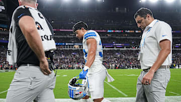 Detroit Lions running back Sione Vaki (33) walks off the field due to an injury during the first half against Baltimore Ravens at M&T Bank Stadium in Baltimore, Md. on Monday, Sept. 22, 2025.