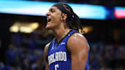  Orlando Magic forward Paolo Banchero (5) reacts after a play against the Atlanta Hawks in the fourth quarter at Kia Center. 