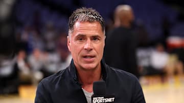 Apr 22, 2025; Los Angeles, California, USA; Los Angeles Lakers GM Rob Pelinka before a game two of first round for the 2024 NBA Playoffs against the Minnesota Timberwolves at Crypto.com Arena. Mandatory Credit: Kiyoshi Mio-Imagn Images