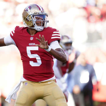 Aug 18, 2024; Santa Clara, California, USA; San Francisco 49ers quarterback Joshua Dobbs (5) throws a pass against the New Orleans Saints in the second quarter at Levi's Stadium. Mandatory Credit: Cary Edmondson-USA TODAY Sports