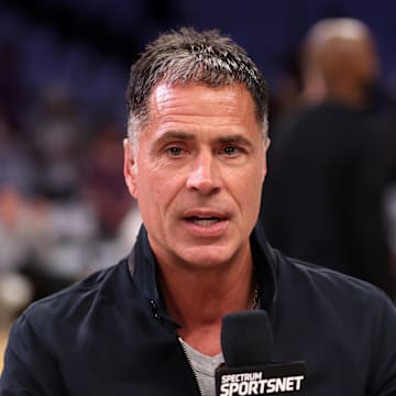 Apr 22, 2025; Los Angeles, California, USA; Los Angeles Lakers GM Rob Pelinka before a game two of first round for the 2024 NBA Playoffs against the Minnesota Timberwolves at Crypto.com Arena. Mandatory Credit: Kiyoshi Mio-Imagn Images