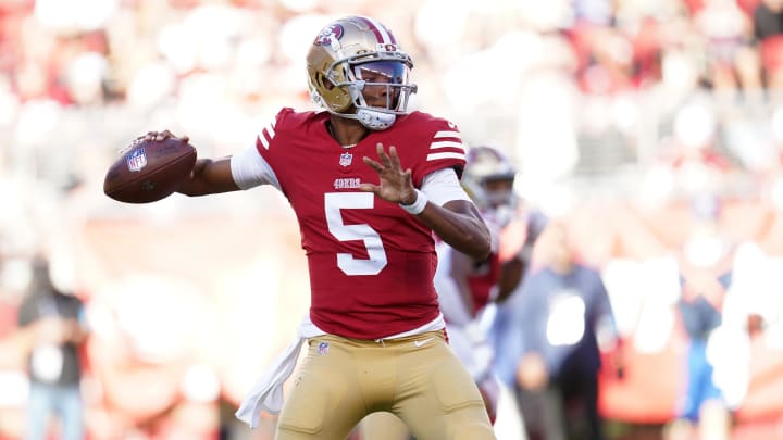 Aug 18, 2024; Santa Clara, California, USA; San Francisco 49ers quarterback Joshua Dobbs (5) throws a pass against the New Orleans Saints in the second quarter at Levi's Stadium. Mandatory Credit: Cary Edmondson-USA TODAY Sports