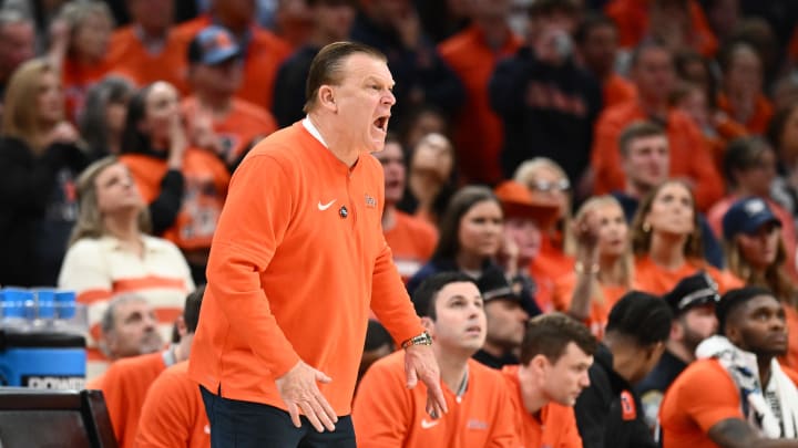 Mar 30, 2024; Boston, MA, USA; Illinois Fighting Illini head coach Brad Underwood reacts against the Connecticut Huskies in the finals of the East Regional of the 2024 NCAA Tournament at TD Garden. Mandatory Credit: Brian Fluharty-USA TODAY Sports