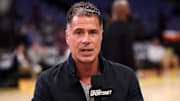 Apr 22, 2025; Los Angeles, California, USA; Los Angeles Lakers GM Rob Pelinka before a game two of first round for the 2024 NBA Playoffs against the Minnesota Timberwolves at Crypto.com Arena. Mandatory Credit: Kiyoshi Mio-Imagn Images