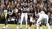 Texas A&M Aggies quarterback Marcel Reed (10) calls the play during the first half against the Texas Longhorns at Kyle Field. 