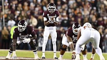Texas A&M Aggies quarterback Marcel Reed (10) calls the play during the first half against the Texas Longhorns at Kyle Field. 