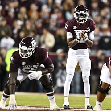 Texas A&M Aggies quarterback Marcel Reed (10) calls the play during the first half against the Texas Longhorns at Kyle Field. 