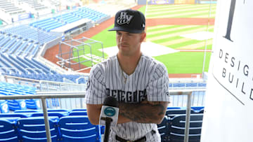 Hudson Valley Renegades infielder Roc Riggio being interviewed during Media Day at Heritage Financial Park on April 2, 2024.
