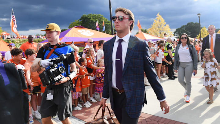 The Clemson Tigers played the Appalachian State Mountaineers in college football Saturday, Sept. 7, 2024. Clemson quarterback Cade Klubnik (2) arrives to the game during Tiger Walk. The Clemson Tigers played the Appalachian State Mountaineers in college football Saturday, Sept. 7, 2024. Clemson quarterback Cade Klubnik (2) arrives to the game during Tiger Walk.