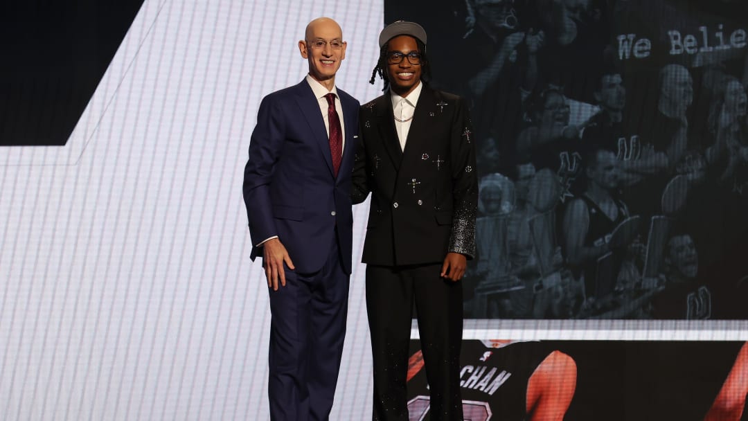 Jun 26, 2024; Brooklyn, NY, USA; Rob Dillingham shakes hands with NBA commissioner Adam Silver after being selected in the first round by the San Antonio Spurs in the 2024 NBA Draft at Barclays Center. Mandatory Credit: Brad Penner-USA TODAY Sports