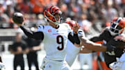 Sep 7, 2025; Cleveland, Ohio, USA; Cincinnati Bengals quarterback Joe Burrow (9) throws during the second half against the Cleveland Browns at Huntington Bank Field. Mandatory Credit: Ken Blaze-Imagn Images