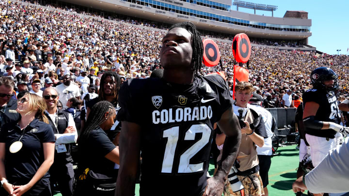 Sep 9, 2023; Boulder, Colorado, USA; Colorado Buffaloes cornerback Travis Hunter (12) following the