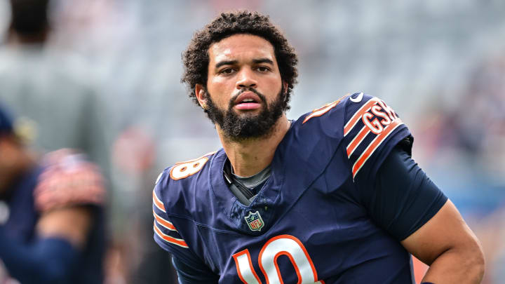 Aug 17, 2024: Chicago Bears quarterback Caleb Williams warms up before the game against the Cincinnati Bengals at Soldier Field.