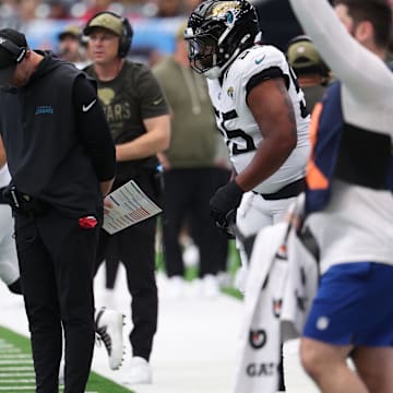 Nov 9, 2025; Houston, Texas, USA; Jacksonville Jaguars head coach Liam Coen reacts on the sidelines during the first half against the Houston Texans at NRG Stadium. Mandatory Credit: Thomas Shea-Imagn Images