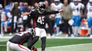 Nov 16, 2025; Atlanta, Georgia, USA;  Atlanta Falcons kicker Zane Gonzalez (45) kicks a field goal in the second quarter against the Carolina Panthers at Mercedes-Benz Stadium. Mandatory Credit: Brett Davis-Imagn Images