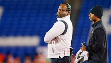 Dec 19, 2023; Frisco, TX, USA; Marshall Thundering Herd head coach Charles Huff looks on during the second quarter against the UTSA Roadrunners at Toyota Stadium. Mandatory Credit: Andrew Dieb-Imagn Images