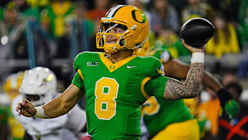 Oregon quarterback Dillon Gabriel throws down field against Maryland during the third quarter at Autzen Stadium Saturday, Nov. 9, 2024.